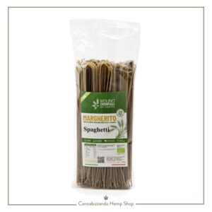 spaghetti di semola integrale Margherito e farina di canapa, trafilata al bronzo ed essiccata lentamente a bassa temperatura, prodotta in regime biologico senza pesticidi né antiparassitari