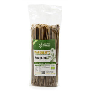 spaghetti di semola integrale Margherito e farina di canapa, trafilata al bronzo ed essiccata lentamente a bassa temperatura, prodotta in regime biologico senza pesticidi né antiparassitari