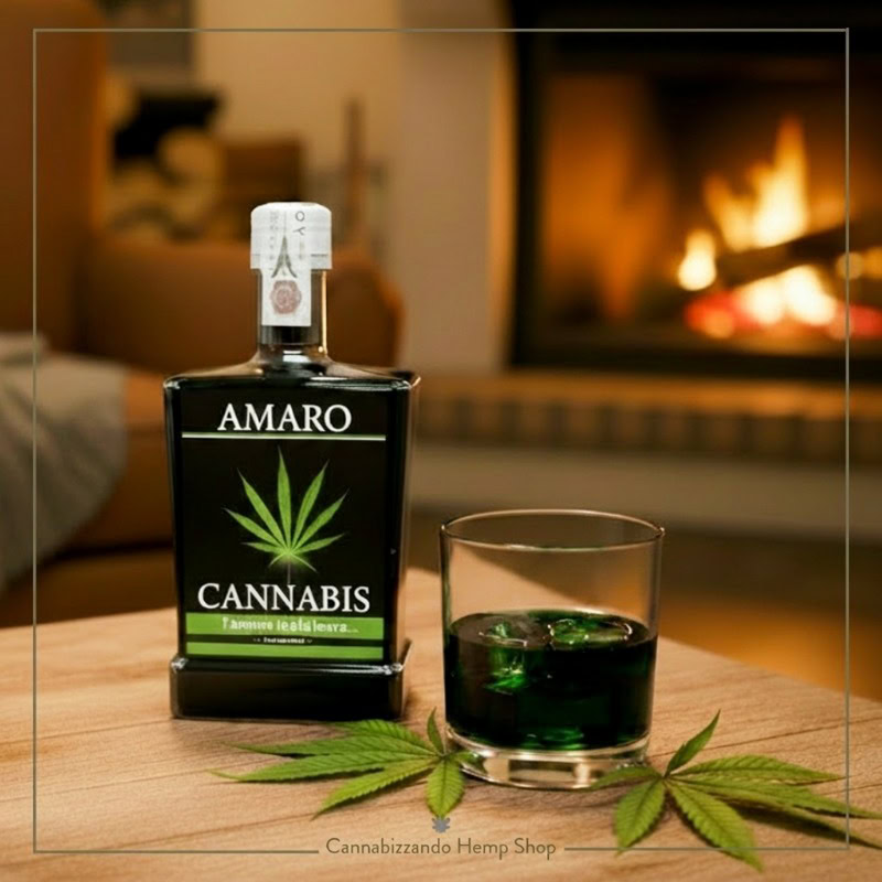 Bottiglia di amaro artigianale alla canapa con vicino un bicchiere sopra un tavolo di legno e due foglie di canapa. Un amaro diverso, dal sapore equilibrato, pungente con un retrogusto leggermente nocciolato conferito dai semi di canapa.