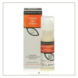 Da Verdesativa una crema viso lifting specifica per il viso ed il contorno occhi, ideale per pelli mature, atone e spente. L’Acido Ialuronico, riempitivo e anti-age, in sinergia con l’esapeptide Palmitoyl – 19, con un’azione botox-like estremamente efficace, rende questa crema un ottimo rimedio per gli inestetismi della pelle restituendole un aspetto disteso, riposato, tonico e riducendo sensibilmente le rughe d’espressione. Il Burro di Karité, l’olio di Argan, di Macadamia e di Canapa sono estremamente antiossidanti e nutrienti mentre il Fico d’India, la Niacinamide e il Verbasco svolgono un’azione illuminante, sebo regolatrice e favoriscono il microcircolo.