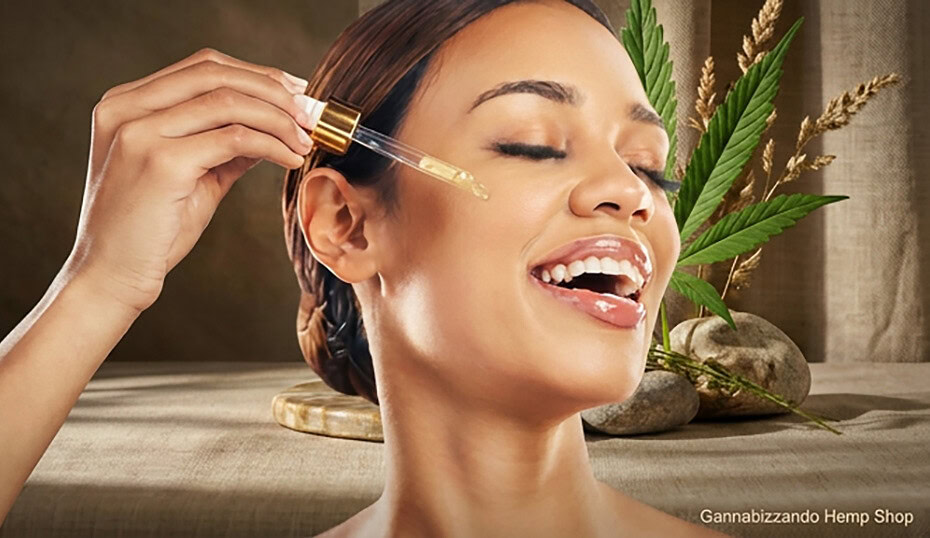 una donna bellissima utilizza cosmetica al cbd e cbg per una pelle luminosa e perfetta