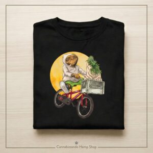 Scopri la t-shirt originale da donna "E.T. Green Mission" Cannabizzando. Grafica pop d'autore in 100% cotone biologico certificato.