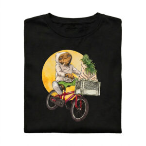 Scopri la t-shirt originale da donna "E.T. Green Mission" Cannabizzando. Grafica pop d'autore in 100% cotone biologico certificato.
