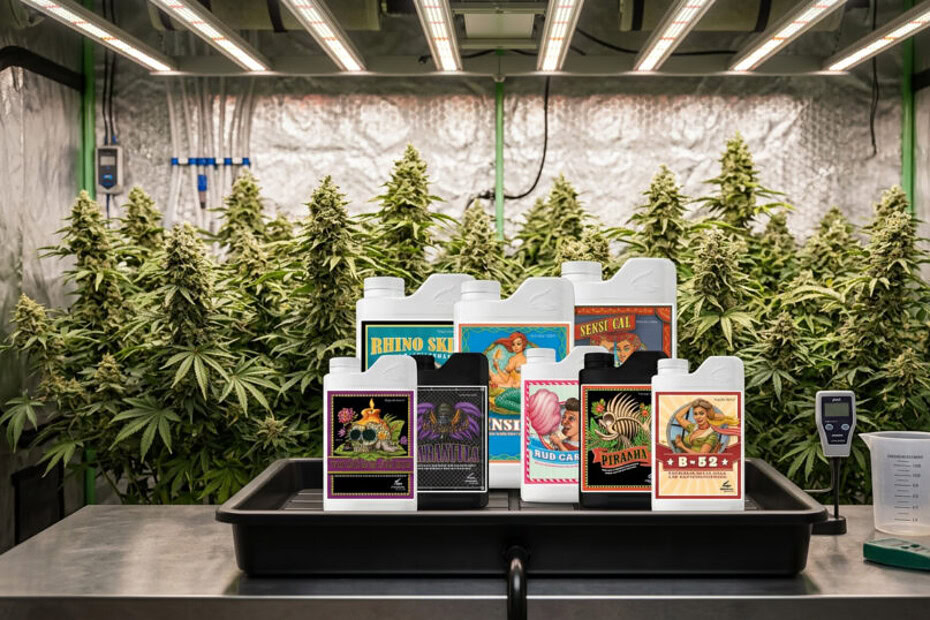 Guida ai fertilizzanti Advanced Nutrients con flaconi pH Perfect, Big Bud e Voodoo Juice per la coltivazione."