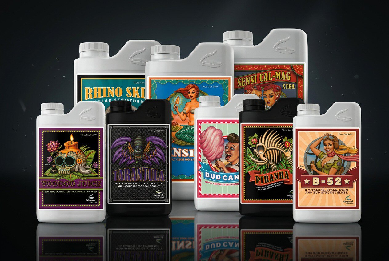 Advanced Nutrients con flaconi pH Perfect, Big Bud e Voodoo Juice per la coltivazione."