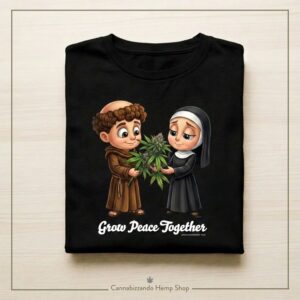 Acquista la t-shirt unisex GIMO "Grow Peace Together" in cotone bio 100%. Grafica d'autore d'avanguardia in esclusiva per Cannabizzando Assisi.