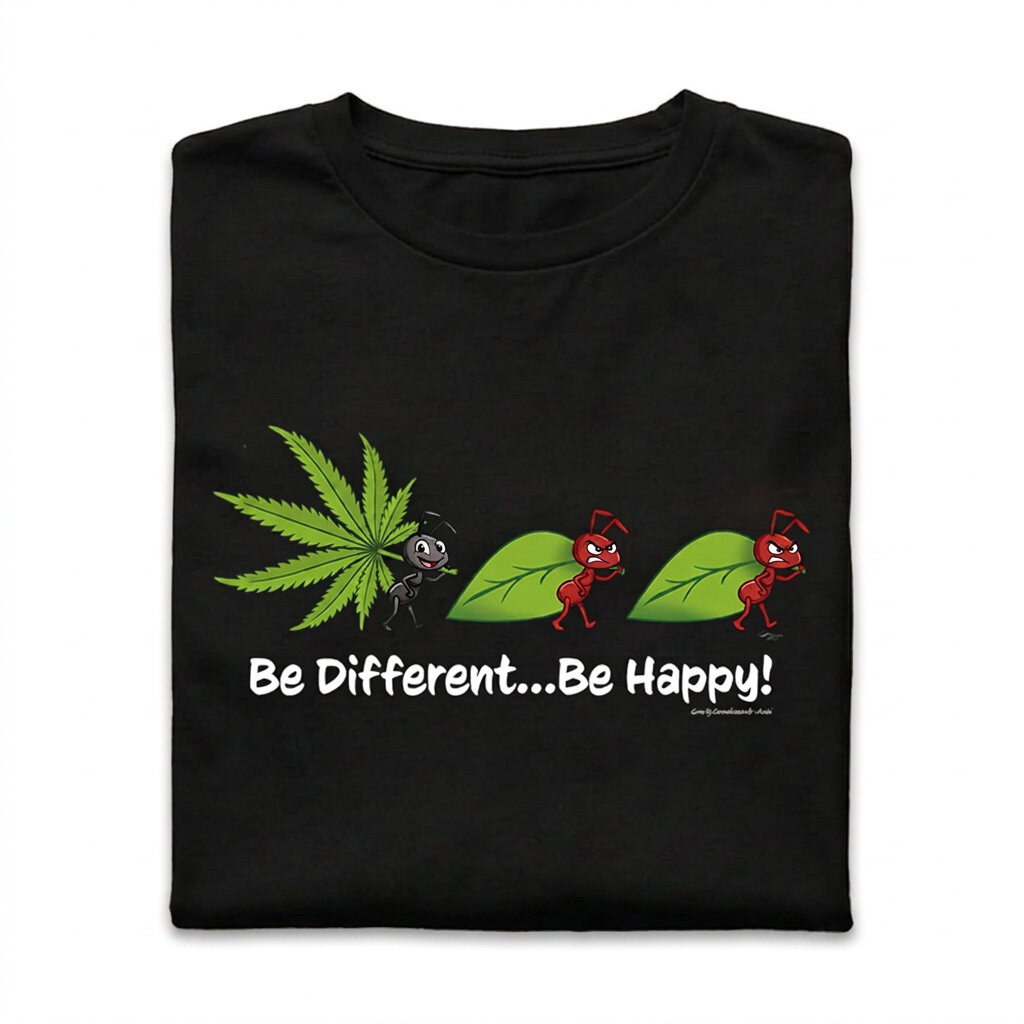 Questa t-shirt rappresenta l'evoluzione grafica di uno dei design più amati del nostro store, nato direttamente dalla nostra matita. L'illustrazione mette in scena una divertentissima e metaforica sfilata di formiche: da un lato ci sono le formiche tradizionali, rosse e dall'espressione decisamente arrabbiata e affaticata, che trasportano le classiche foglie verdi della foresta; dall'altro c'è la nostra formichina nera, l'unica che ha deciso di uscire dal coro. Sorridente, leggera e piena di energia positiva, cammina fiera portando con sé una bellissima foglia di canapa.