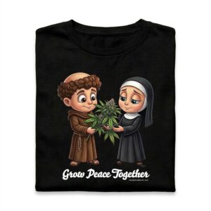 Acquista la t-shirt unisex GIMO "Grow Peace Together" in cotone bio 100%. Grafica d'autore d'avanguardia in esclusiva per Cannabizzando Assisi.
