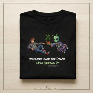 t-shirt artistica con grafica particolare nera con alieno e ragazzo stile Creazione di Michelangelo con pianta di canapa