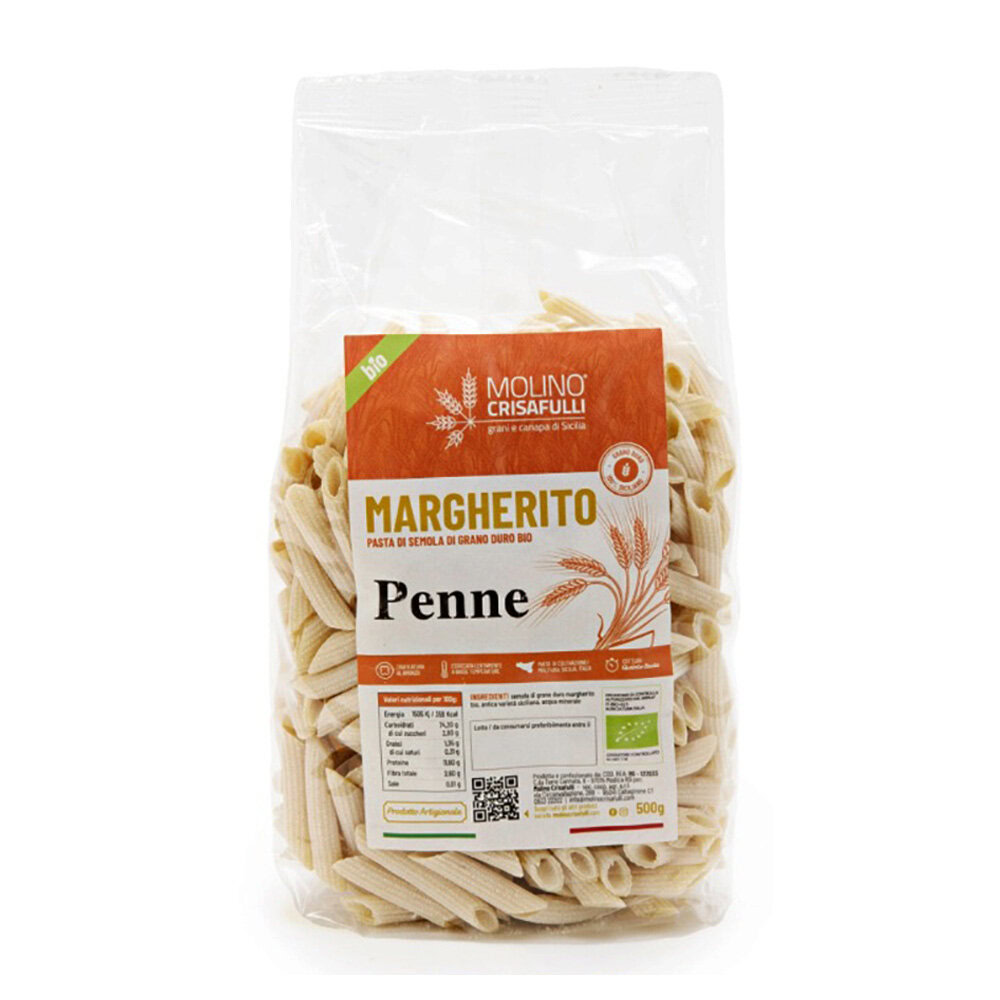 Scopri le Penne Rigate biologiche artigianali di semola di grani antichi siciliani varietà Margherito. Pasta trafilata al bronzo ad alta digeribilità.