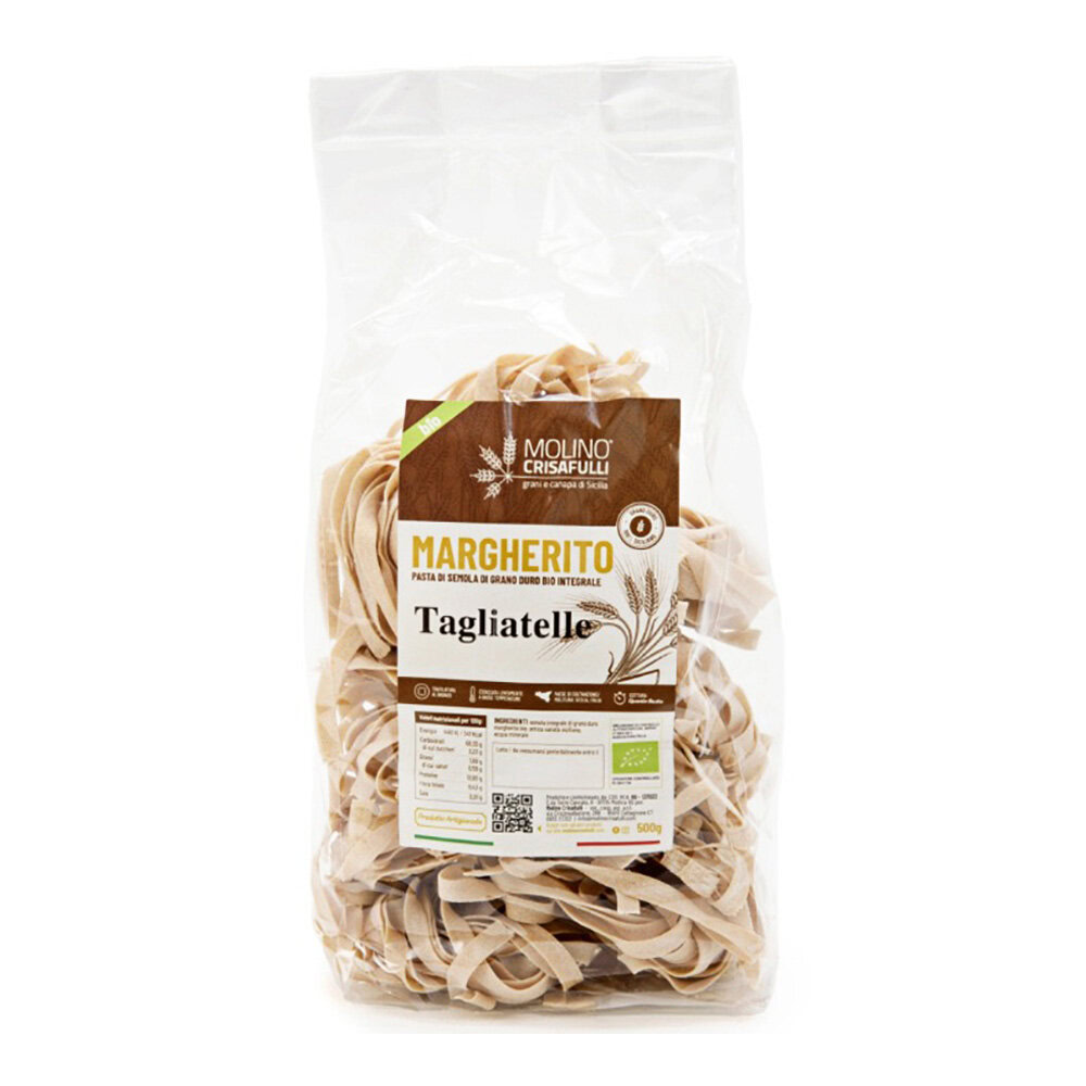 Scopri le Tagliatelle Integrali biologiche di grani antichi siciliani varietà Margherito. Pasta artigianale trafilata al bronzo e altamente digeribile.
