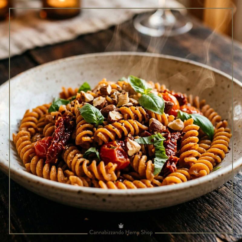 un piatto di fusilli grano margherito ancora fumanti conditi con pomodori secchi basilico e mandorle