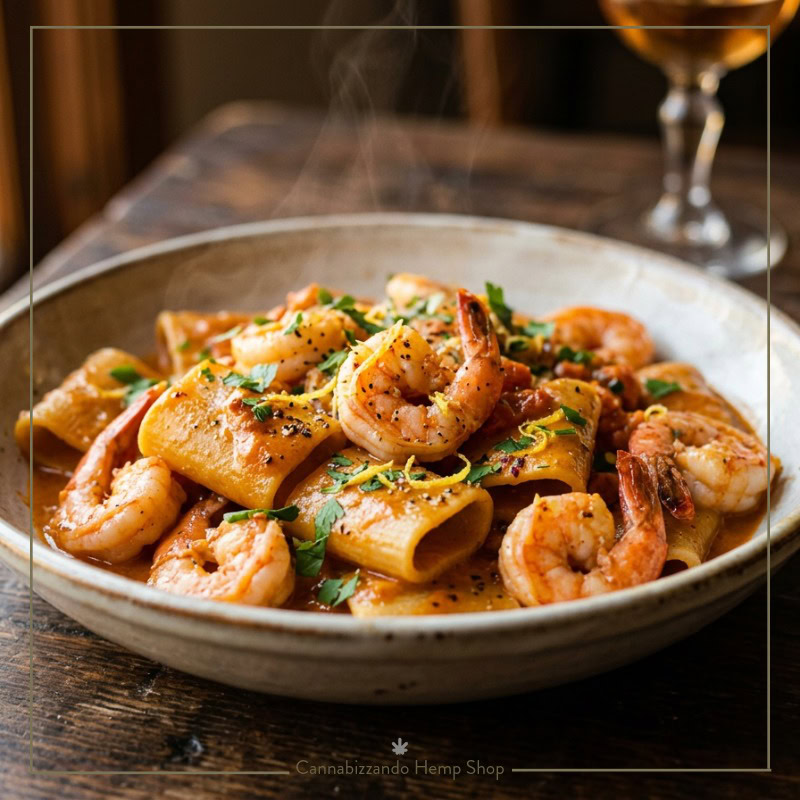 piatto di paccheri grano margherito con gamberetti e prezzemolo